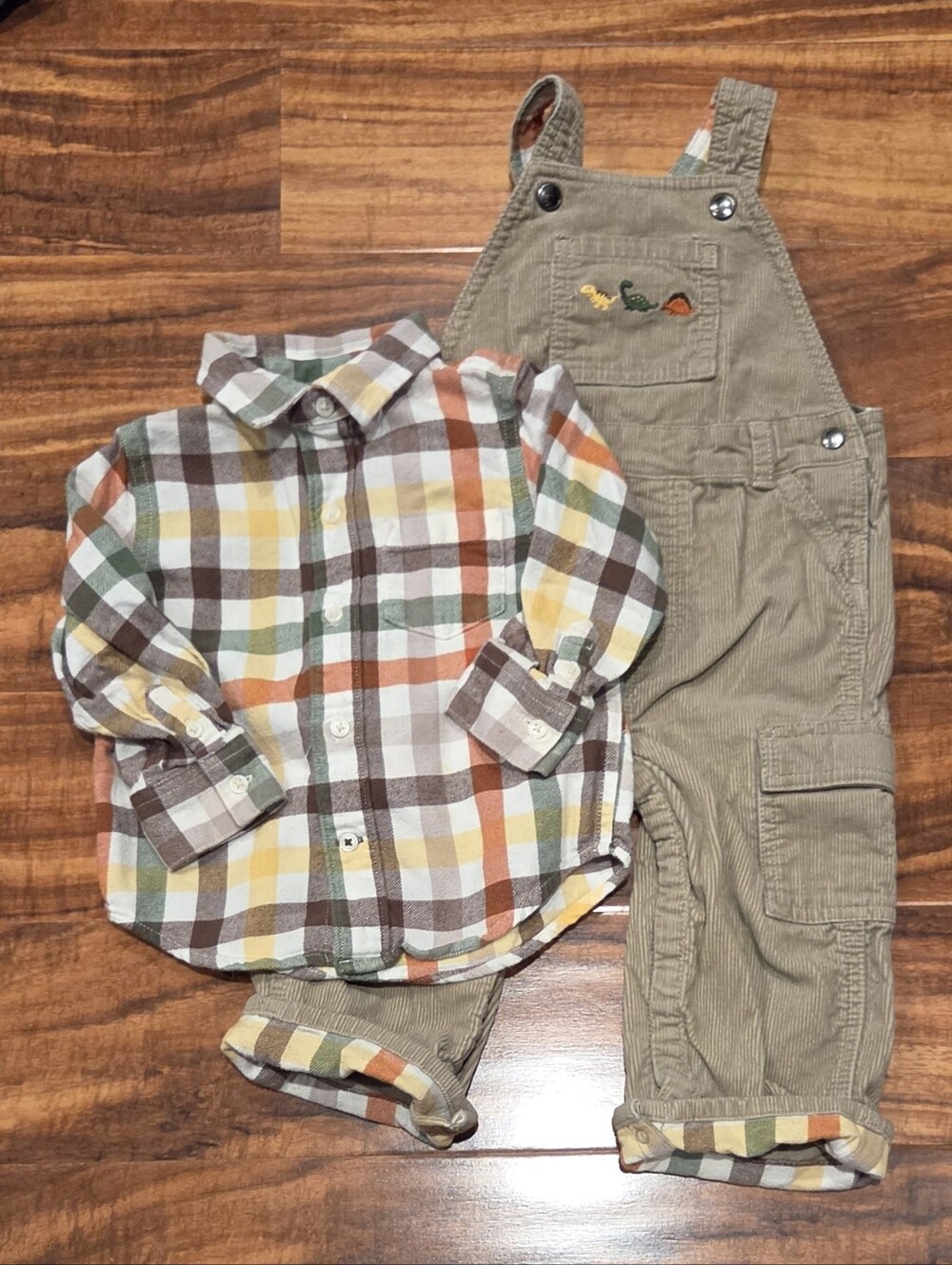 Gymboree EUC 18-24 Months Beige Corduroy Overalls and Plaid Flannel Shirt